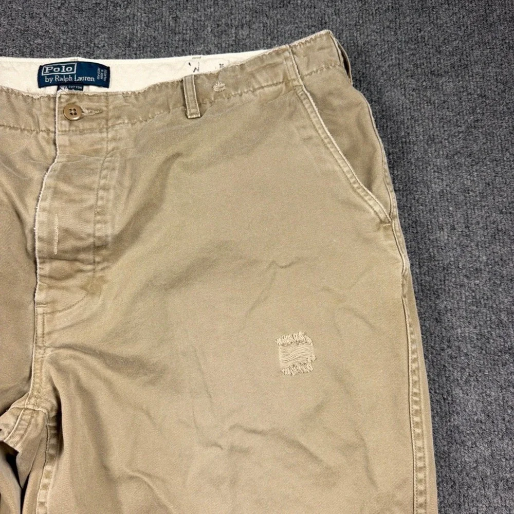 Polo Ralph Lauren Chino Pants Distressed Mens 39x29 Tan Raw Hem‎ Button Fly
